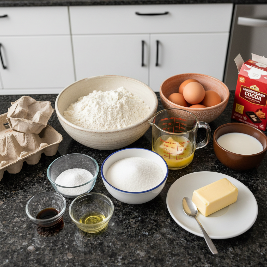 lunch-lady-brownies-ingredients A collection of fresh ingredients laid out for baking lunch lady brownies, including flour, sugar, cocoa, eggs, and butter.