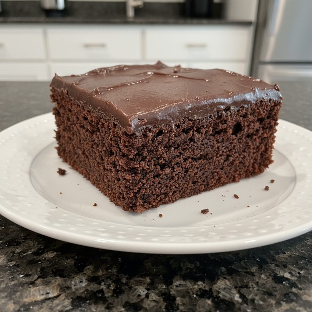 A generous slice of warm, fudgy lunch lady brownies topped with rich chocolate frosting, ready to be enjoyed.