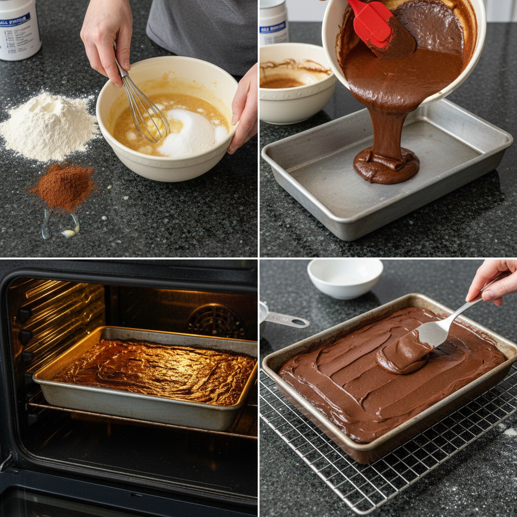 lunch-lady-brownies-prep-step Hands spreading thick, decadent chocolate batter into a baking pan for lunch lady brownies.