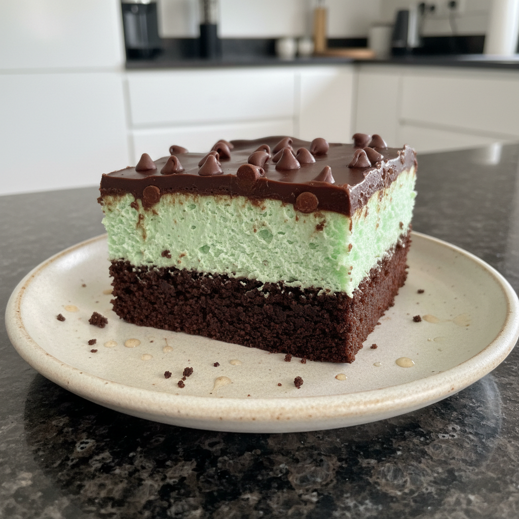 Rich, fudgy mint brownies with a vibrant green frosting and chocolate drizzle, perfectly cut into squares.