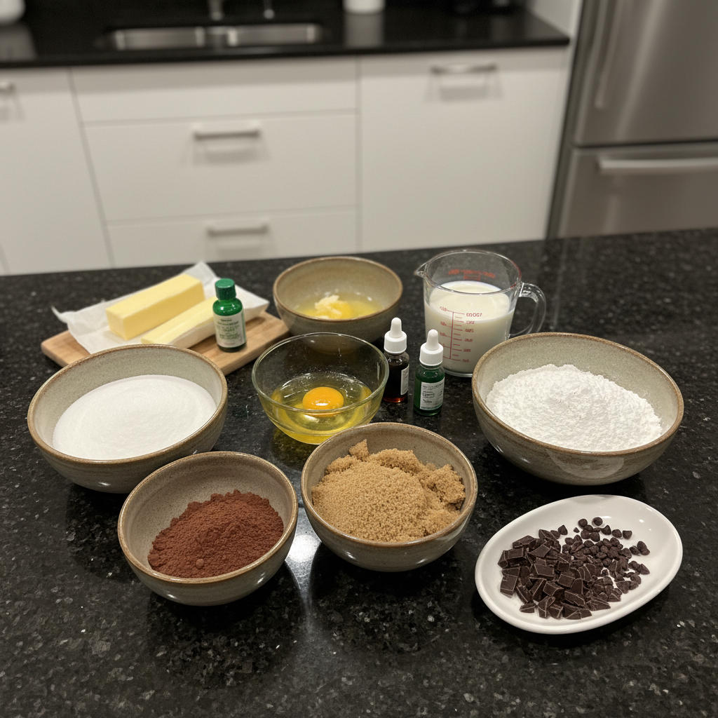mint-brownies-ingredients-flat-lay Assortment of fresh ingredients on a countertop for making delicious mint brownies from scratch.