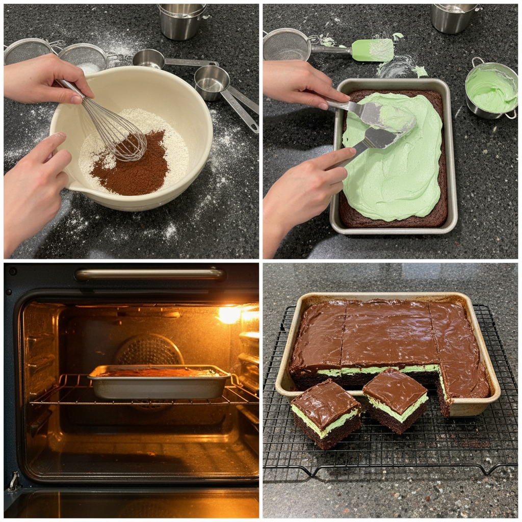 mint-brownies-spreading-frosting A close-up of a vibrant green mint frosting being spread smoothly over baked mint brownies.
