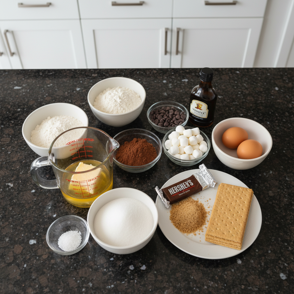 smores-brownies-ingredients-list A flat lay of fresh ingredients for making smores brownies, including graham crackers, chocolate, and fluffy marshmallows.