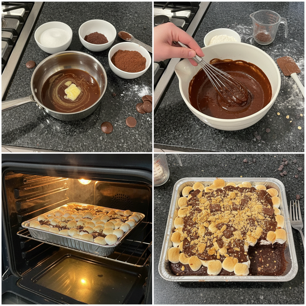 smores-brownies-preparation-step Hands carefully pressing a graham cracker crust into a baking pan, preparing to make smores brownies.