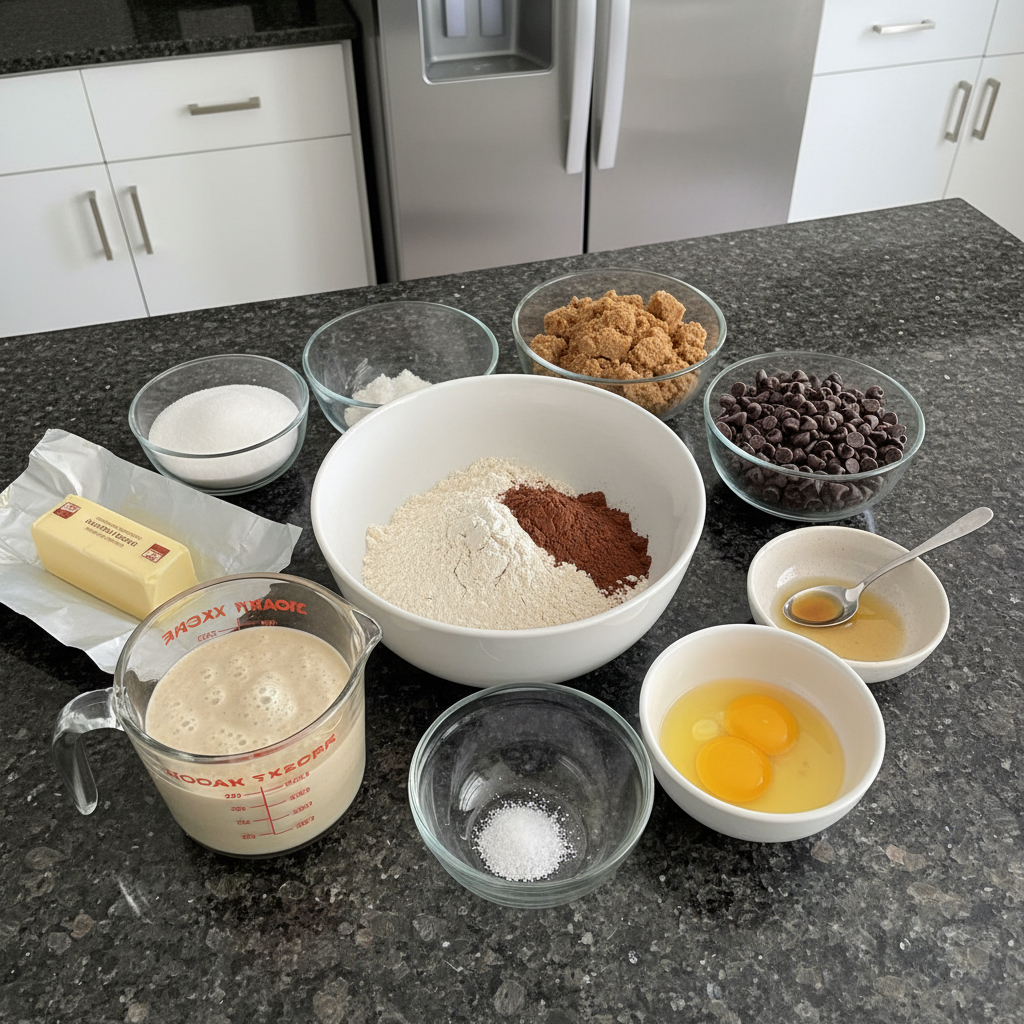 sourdough-discard-brownies-ingredients All fresh ingredients for sourdough discard brownies laid out on a marble counter, including cocoa and chocolate chips.