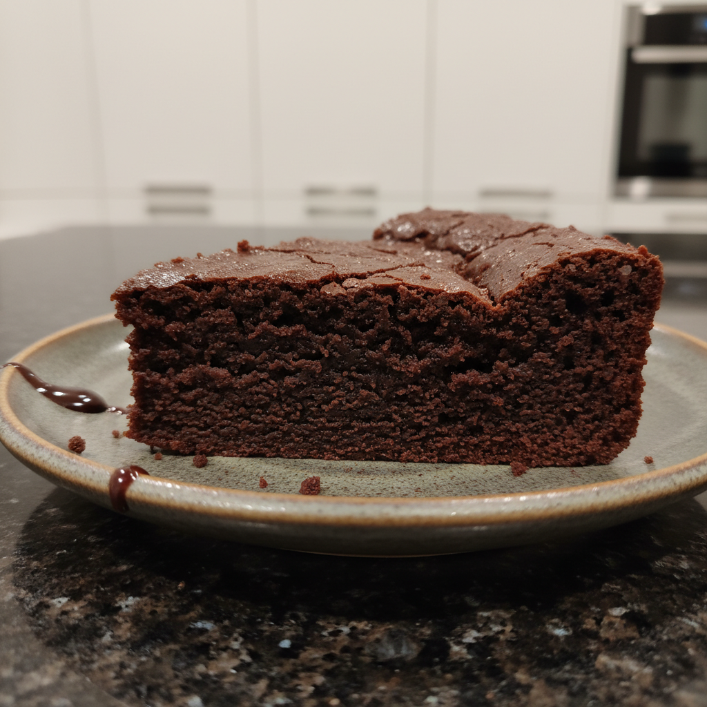 A close-up of fudgy sourdough discard brownies cut into squares, showcasing their rich texture and glistening tops.