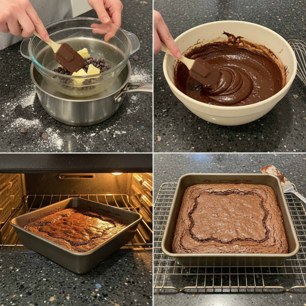 sourdough-discard-brownies-prep-step A person gently folding the rich, dark batter for sourdough discard brownies in a mixing bowl.
