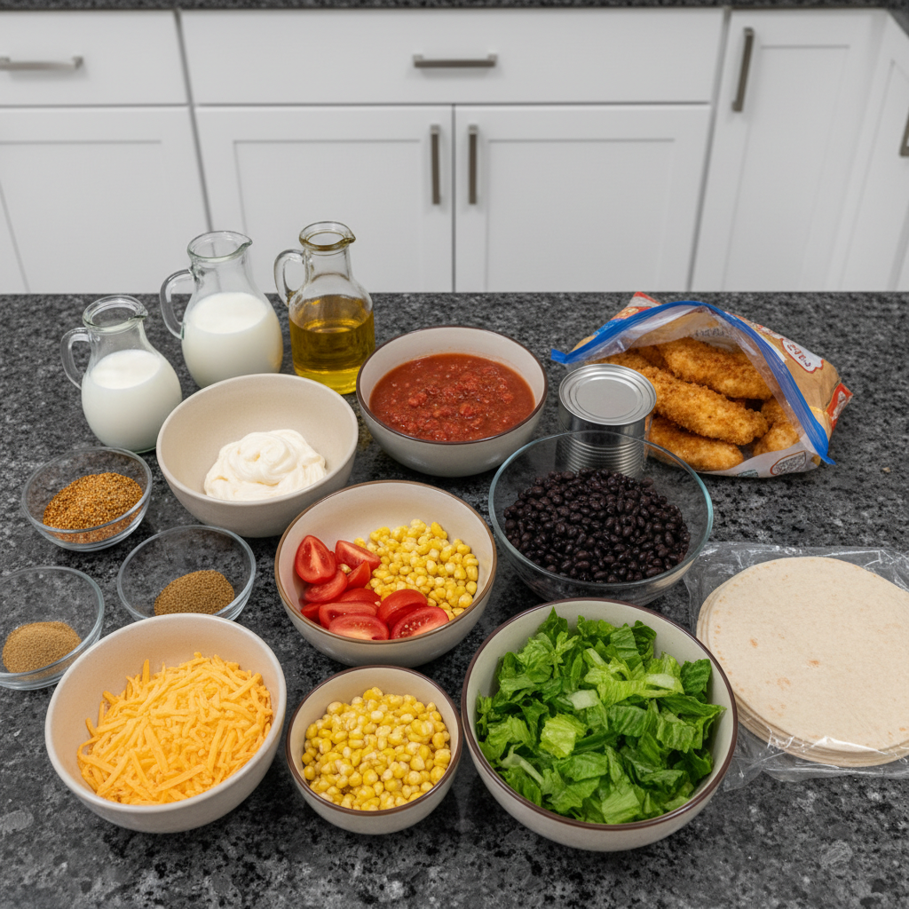 southwest-chicken-wraps-ingredients A colorful array of fresh ingredients for southwest chicken wraps, including grilled chicken, crisp lettuce, bell peppers, corn, and flour tortillas.