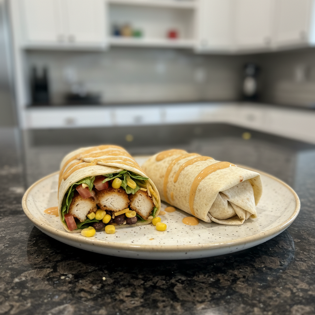 Two vibrant southwest chicken wraps, cut in half, showcasing their colorful fillings and a creamy drizzle on a modern plate.