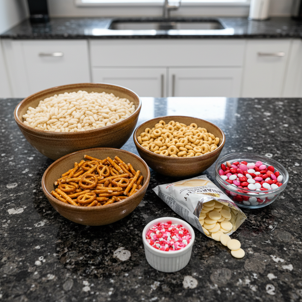 All 5 ingredients for Valentine Chex Mix laid out: Chex cereal, pretzels, M&Ms, white chocolate, and sprinkles.