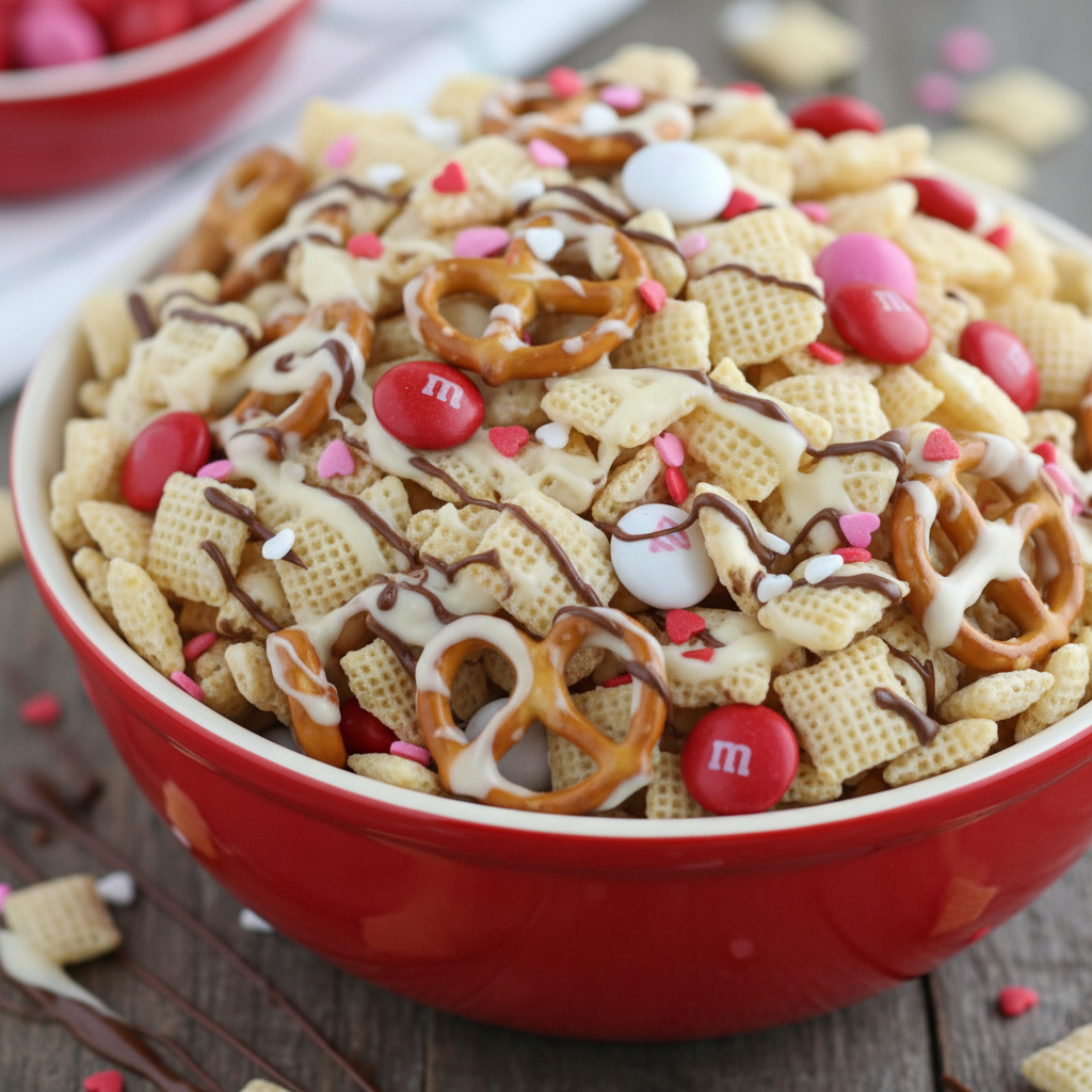 A festive bowl of 5-Ingredient Valentine Chex Mix, featuring red and pink candies and cereal, perfect for a sweet treat.