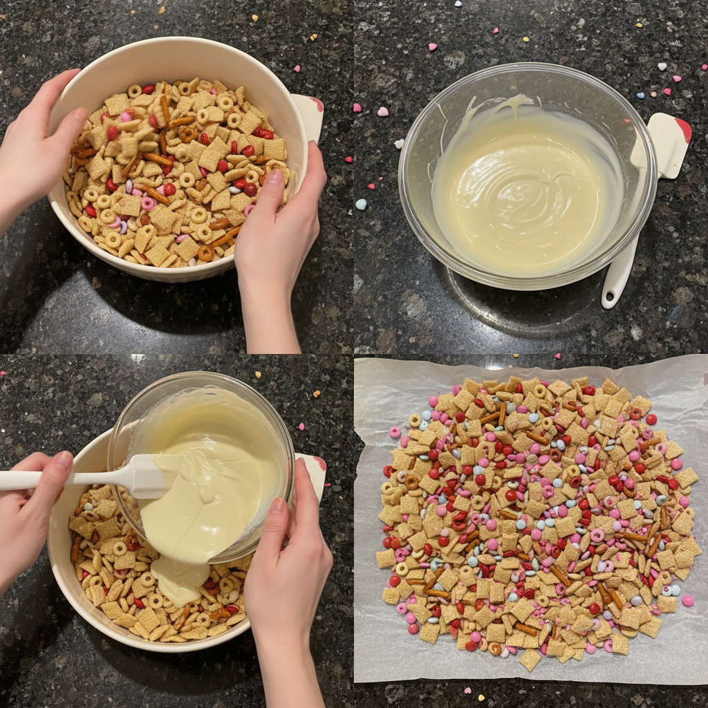 Melted white chocolate being drizzled over a bowl of Chex cereal and pretzels to make 5-Ingredient Valentine Chex Mix.