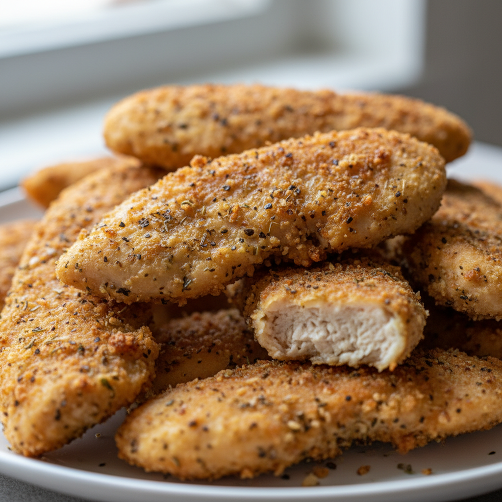Crispy golden baked chicken tenders piled high on a plate with a side of dipping sauce.