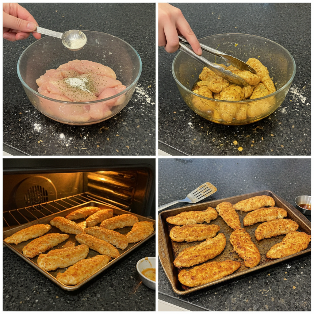 Hands coating chicken pieces in breadcrumbs for baked chicken tenders.