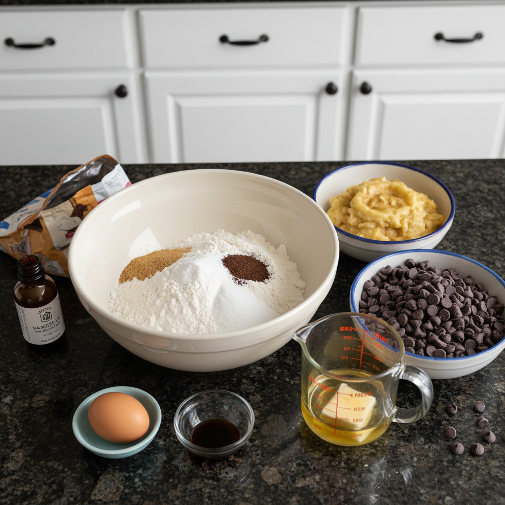 A collection of fresh bananas, chocolate chips, flour, and other essential ingredients for making banana chocolate chip muffins.