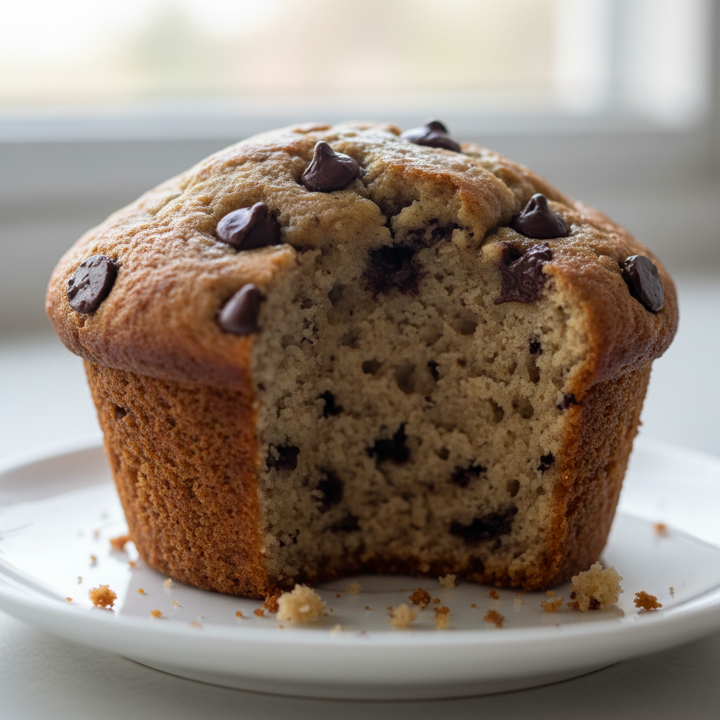 A close-up of freshly baked golden-brown banana chocolate chip muffins cooling on a wire rack, ready to be enjoyed.