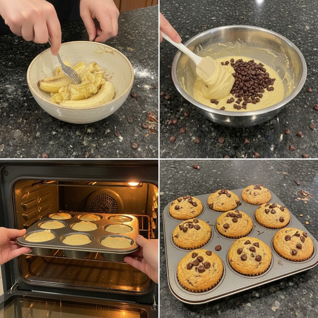 A bowl of rich, thick batter being mixed, showing mashed bananas and melted chocolate chips, preparing banana chocolate chip muffins.