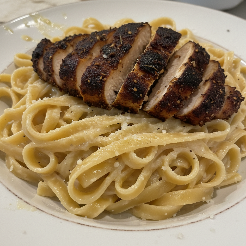 A creamy plate of blackened chicken alfredo with tender pasta, charred chicken, and fresh parsley garnish.