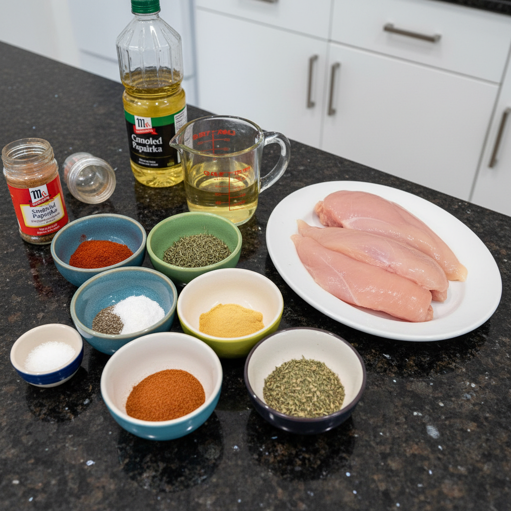 Fresh chicken breasts, a bowl of homemade spice blend, olive oil, and lemon laid out for Blackened Chicken.
