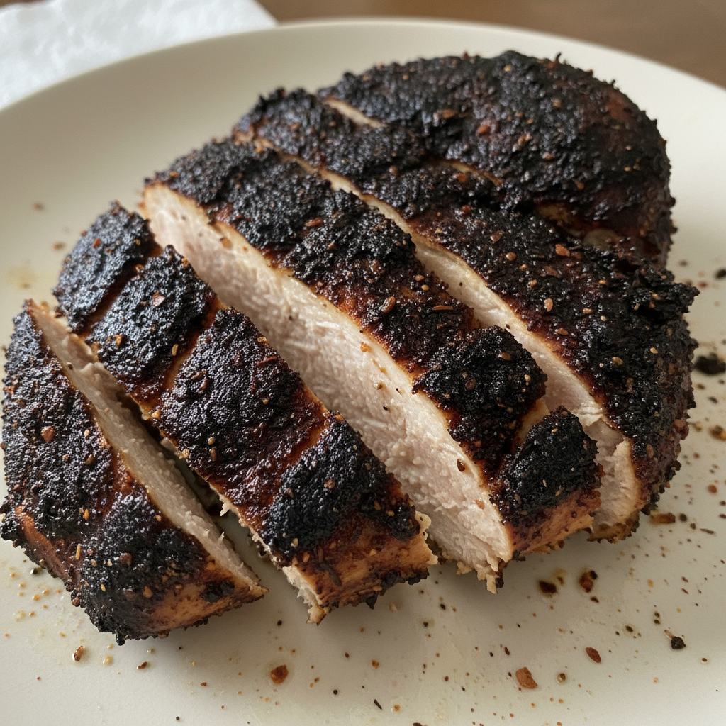 A perfectly seared Blackened Chicken breast with a crispy, dark crust, garnished with fresh herbs and a lemon wedge.
