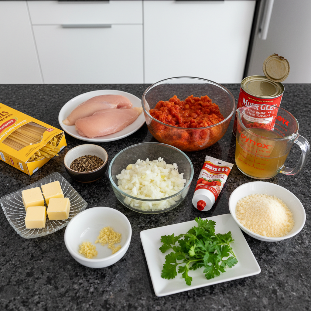 Fresh ingredients for blackened chicken pasta, including uncooked chicken breasts, pasta, cream, bell peppers, and spices on a wooden board.