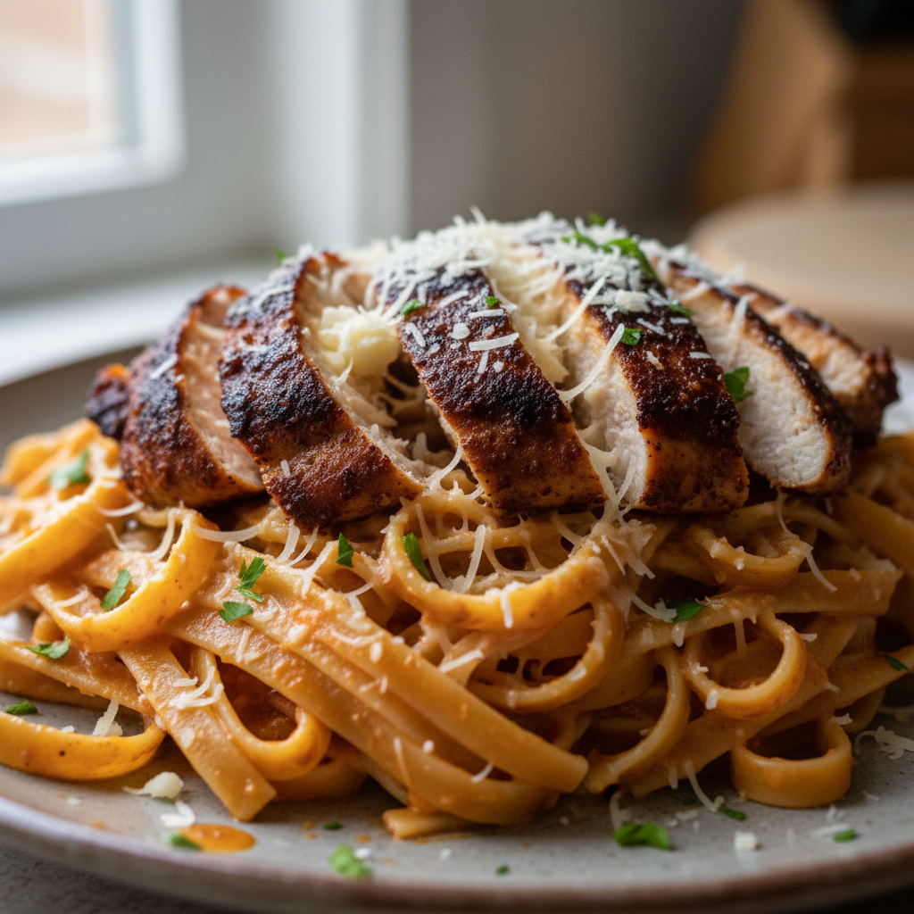 A vibrant bowl of creamy blackened chicken pasta with tender chicken, colorful bell peppers, and fresh parsley garnish.