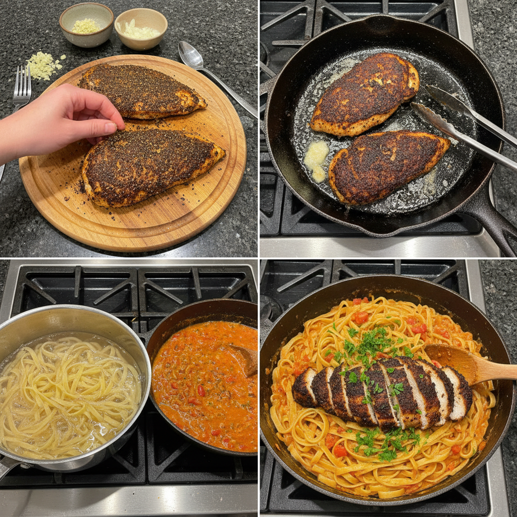 Blackened chicken cooking in a cast-iron skillet, sizzling with spices, a key step in preparing delicious blackened chicken pasta.
