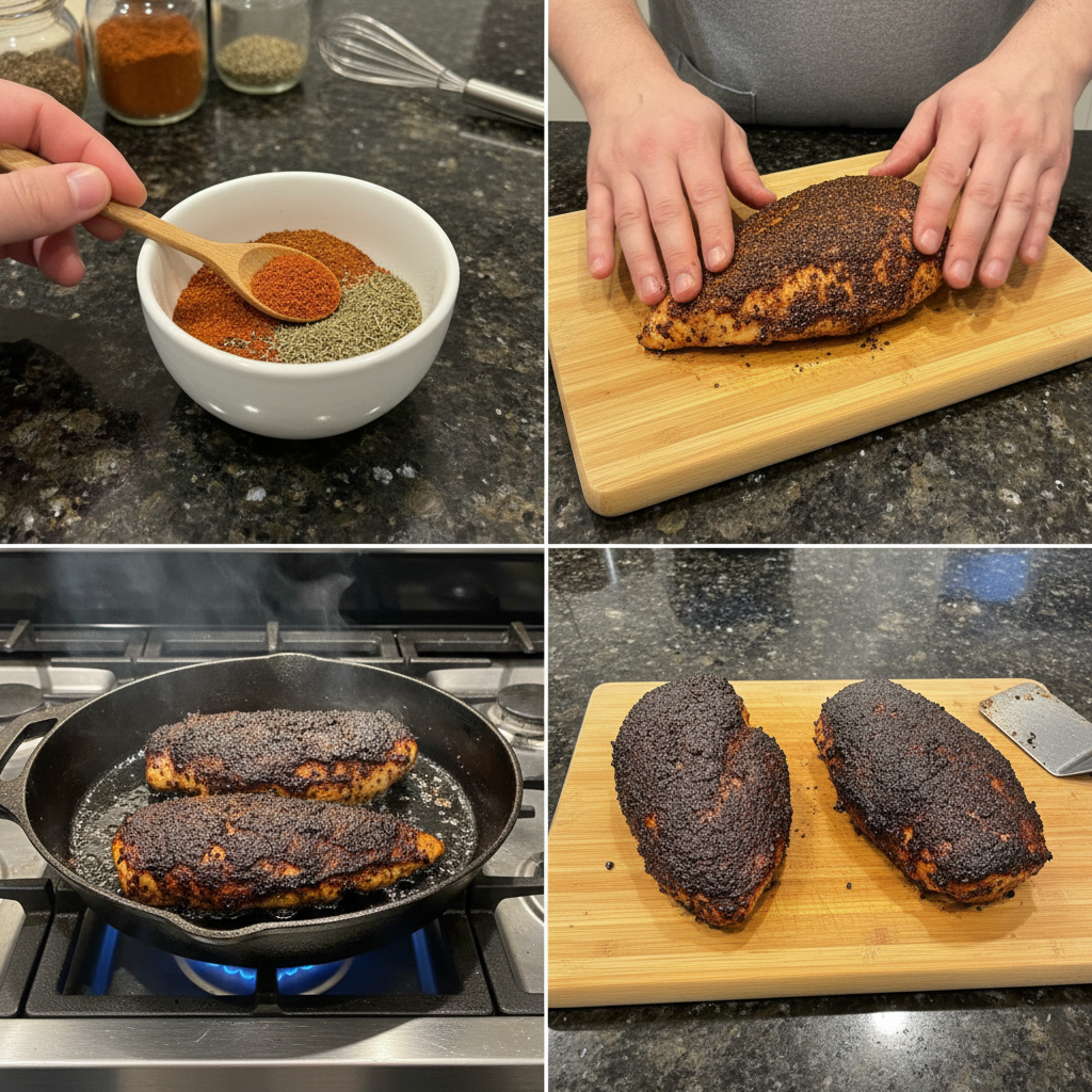A chef seasoning raw chicken breasts generously with a homemade Blackened Chicken spice blend on a cutting board.