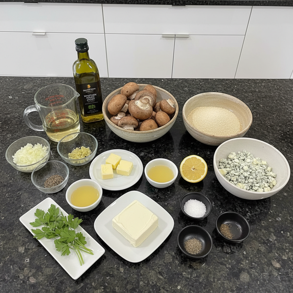 blue-cheese-stuffed-mushrooms-ingredients A flat lay of fresh ingredients for blue cheese stuffed mushrooms, including cremini, crumbled blue cheese, herbs, and breadcrumbs.