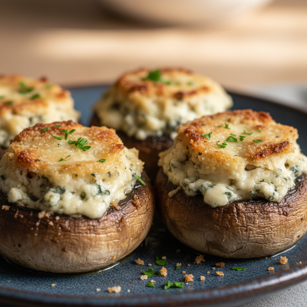 A close-up of golden-brown blue cheese stuffed mushrooms, garnished with fresh parsley, ready to serve.