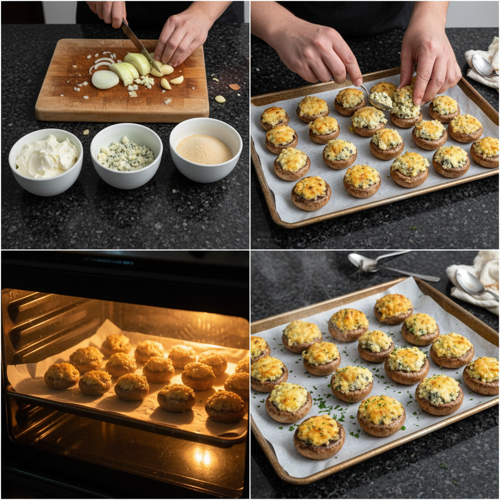 blue-cheese-stuffed-mushrooms-prep-step Hands carefully stuffing cremini mushrooms with a mixture of blue cheese and breadcrumbs, a key step for blue cheese stuffed mushrooms.
