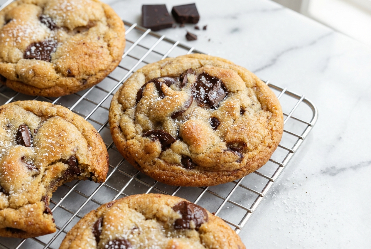 Golden brown butter chocolate chip cookies with milk powder infusion on a white marble surface under natural light.