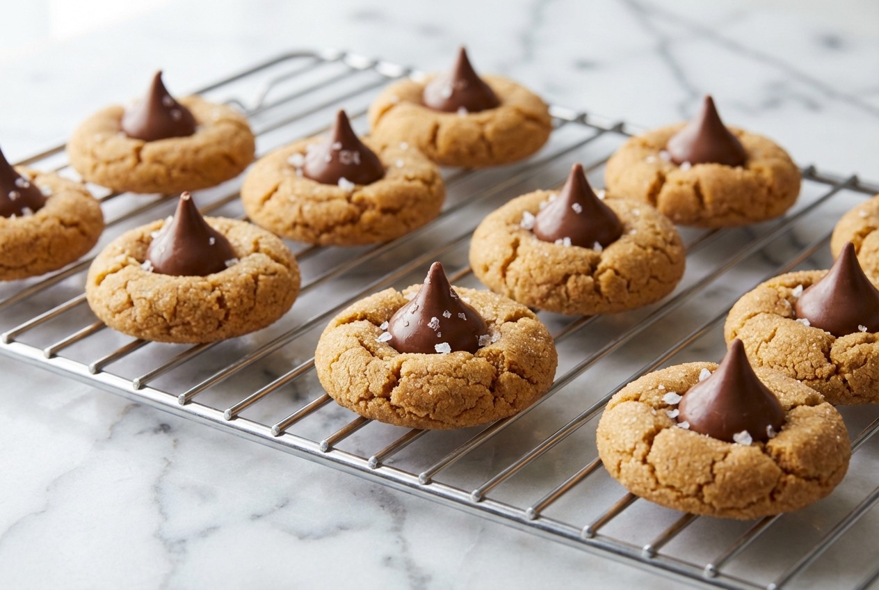 Peanut butter blossom cookies with brown butter and sea salt on a minimalist ceramic plate over a white marble surface.
