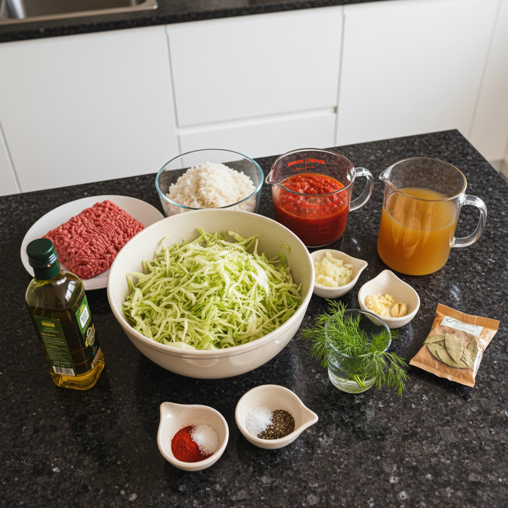 cabbage-roll-soup-ingredients Fresh ingredients laid out for making cabbage roll soup, including ground beef, cabbage, tomatoes, and rice.