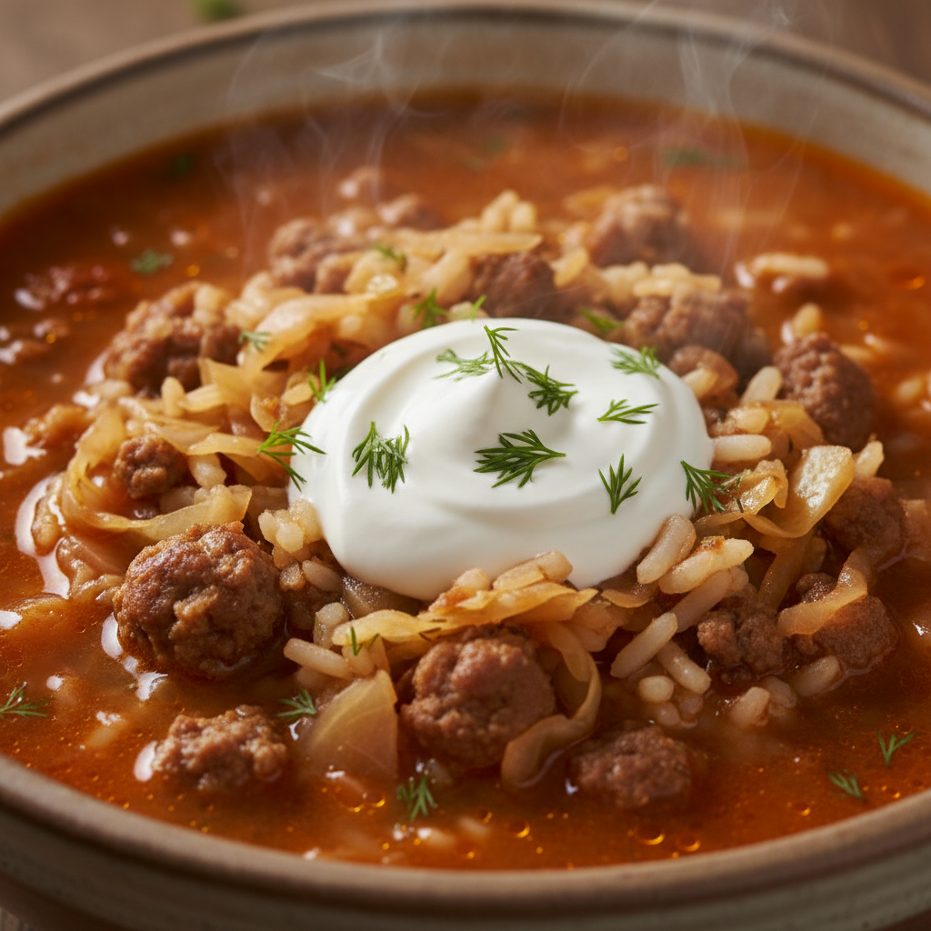 A hearty bowl of comforting cabbage roll soup, steaming gently on a wooden table, garnished with fresh herbs.