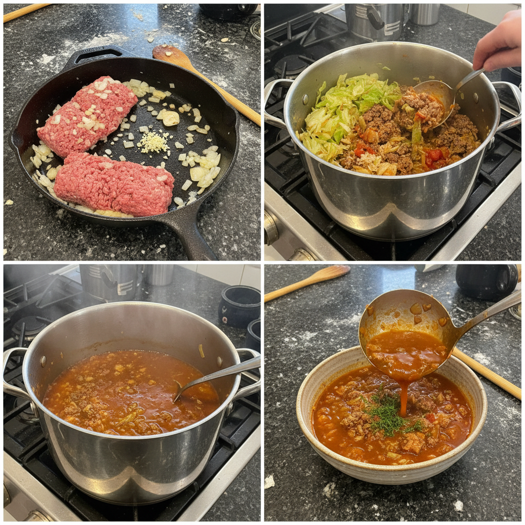 cabbage-roll-soup-prep-step A chef's hands chopping crisp green cabbage on a wooden board, preparing it for a delicious cabbage roll soup.
