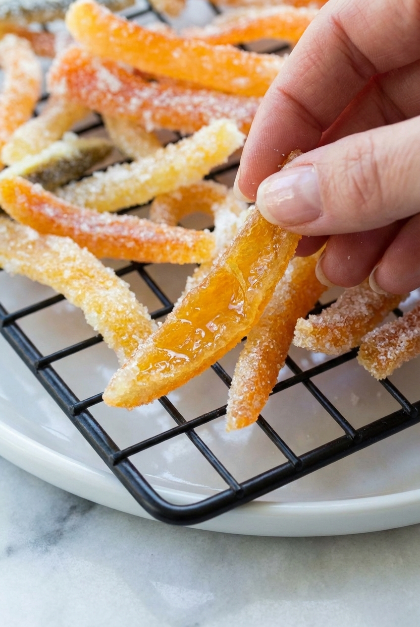 Close-up of sliced orange pith and albedo during the blanching process for a Candied Orange Peel Recipe on a minimalist ceramic vessel.