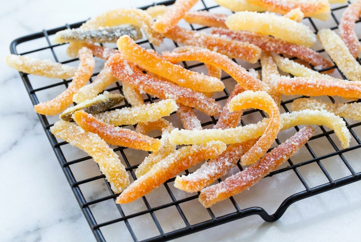 Glistening strips of a Candied Orange Peel Recipe prepared with the acid-brightened inversion method on a white marble surface.