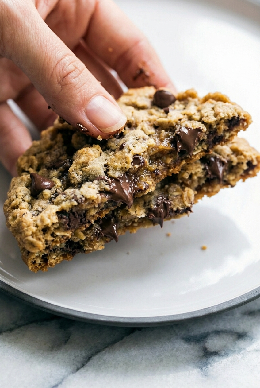 Macro view of the soft crumb and melted chocolate chips in an oatmeal chocolate chip cookie recipe on a minimalist ceramic plate.
