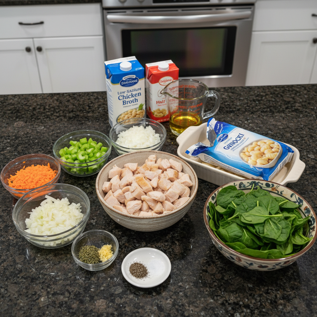 chicken-gnocchi-soup-ingredients Fresh ingredients laid out for making chicken gnocchi soup, including chicken, gnocchi, vegetables, and cream.