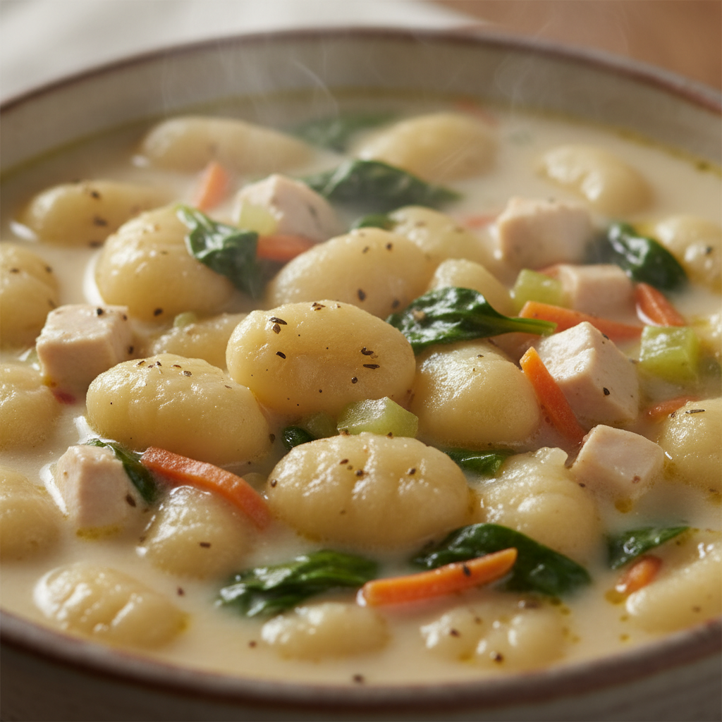 A steaming bowl of creamy chicken gnocchi soup garnished with fresh parsley, ready to be enjoyed.
