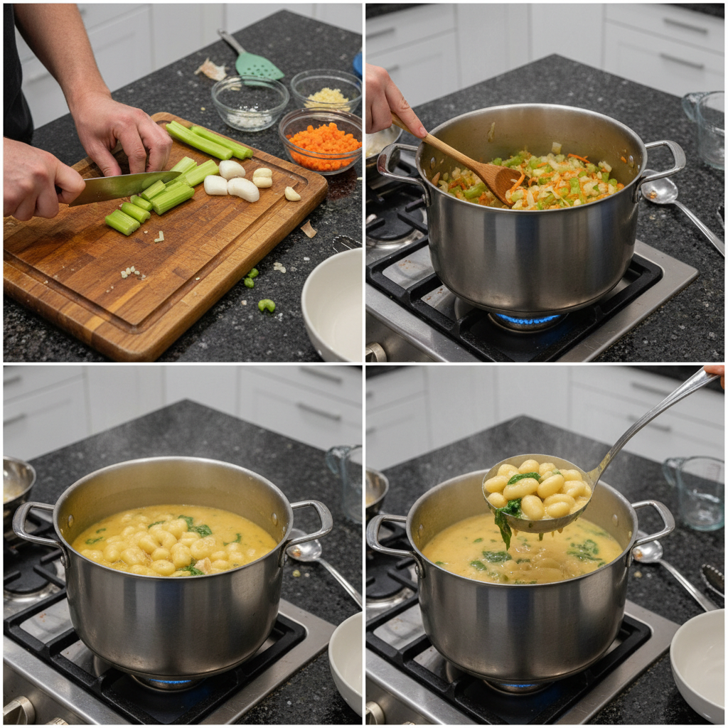 chicken-gnocchi-soup-prep-step Hands stirring a pot of simmering chicken gnocchi soup, combining vegetables, chicken, and gnocchi.