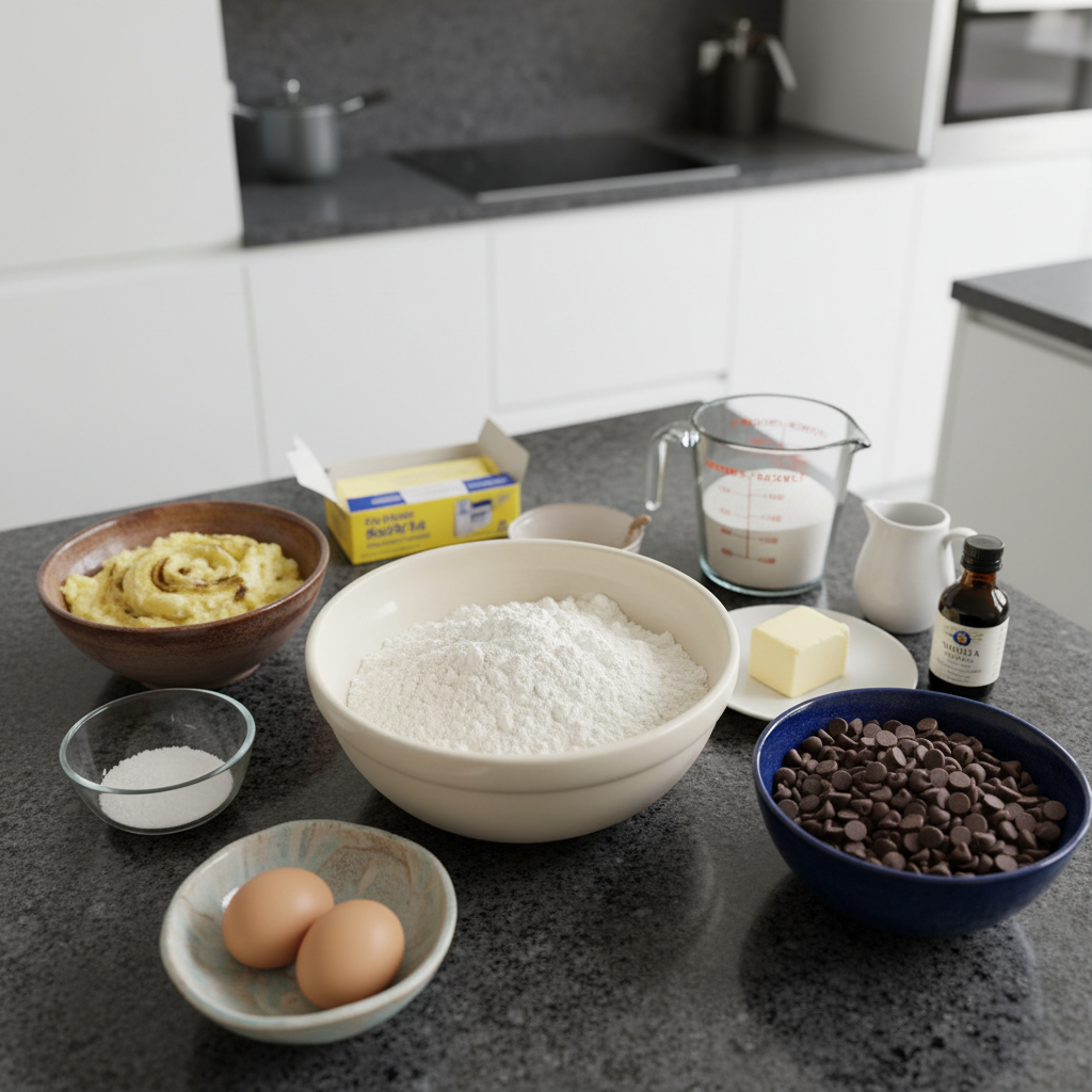 All fresh ingredients for making delicious chocolate chip banana bread, neatly arranged on a counter.