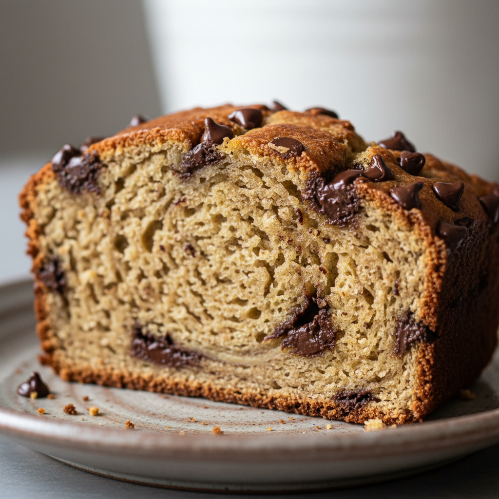 A golden-brown loaf of chocolate chip banana bread, sliced to show its moist interior and melted chocolate chips.