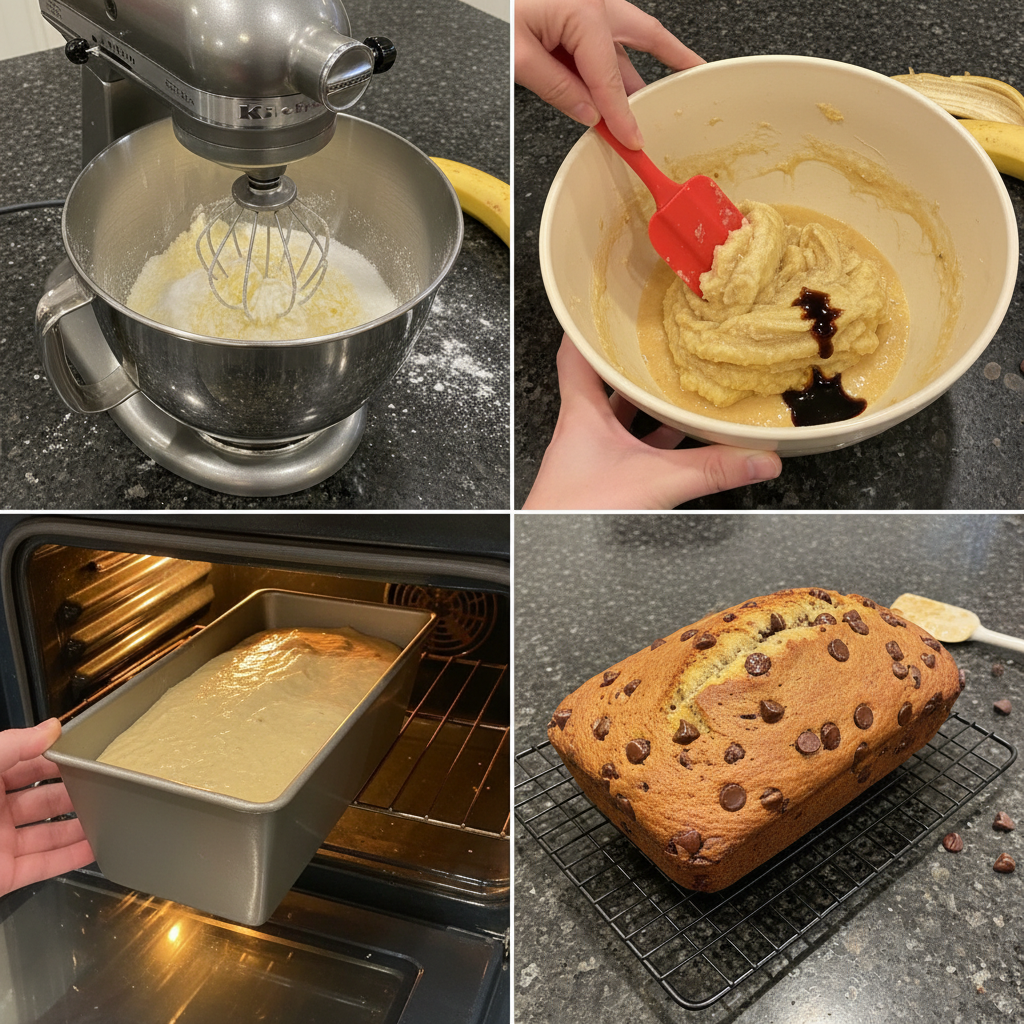 Hands mixing mashed ripe bananas into the creamy batter for homemade chocolate chip banana bread.
