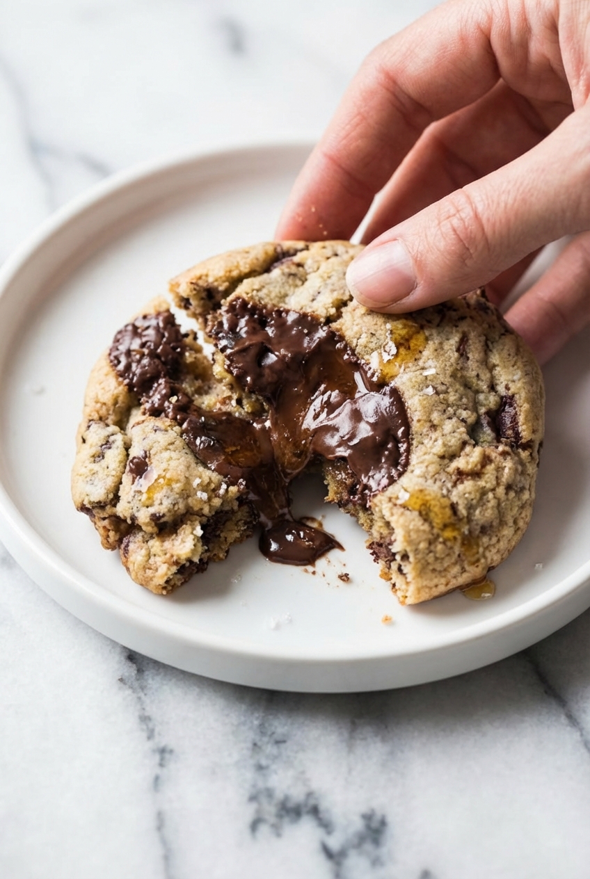 Macro shot of the chocolate chip cookies recipe showing the Maillard reaction on the surface and melted semisweet chocolate on a minimalist ceramic vessel.