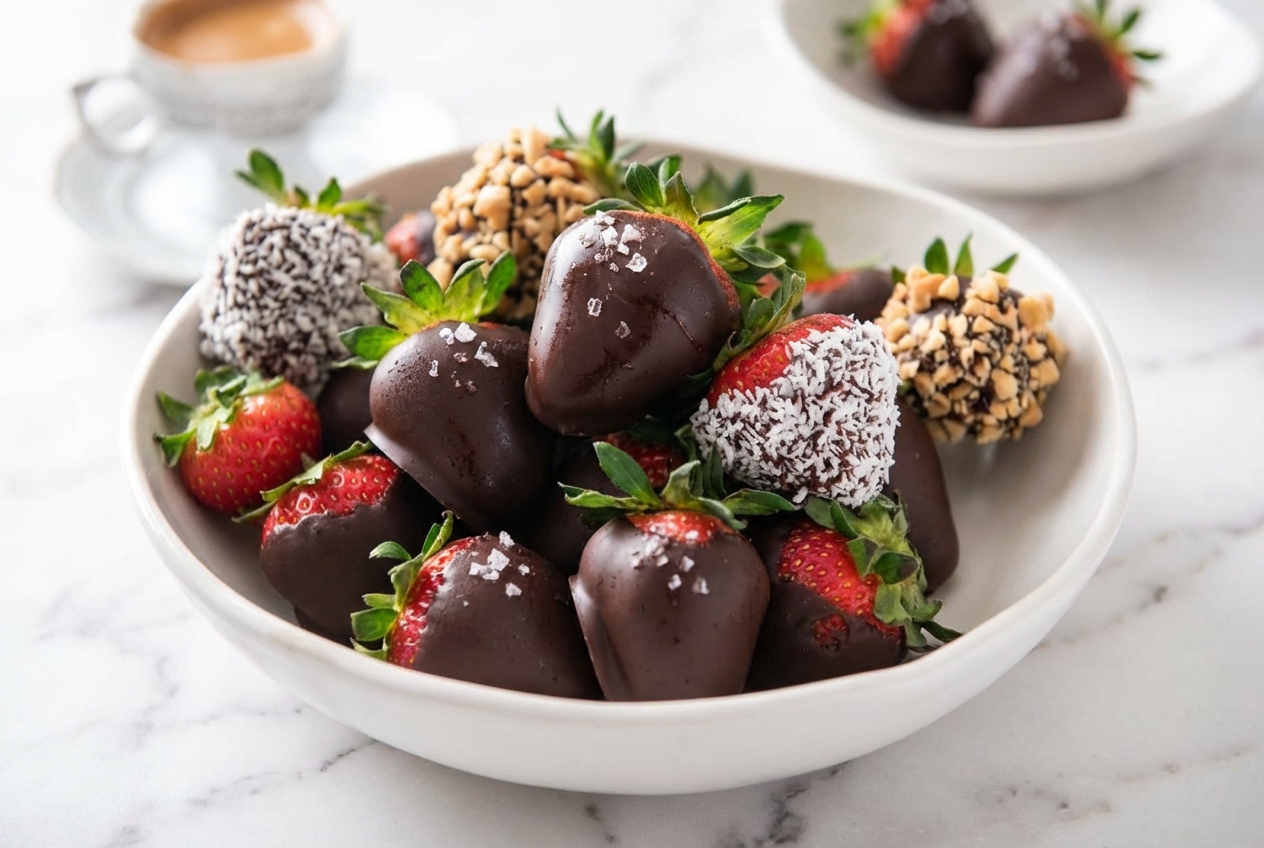 Chocolate covered strawberries with espresso chocolate and Maldon sea salt on a white marble surface in natural light.