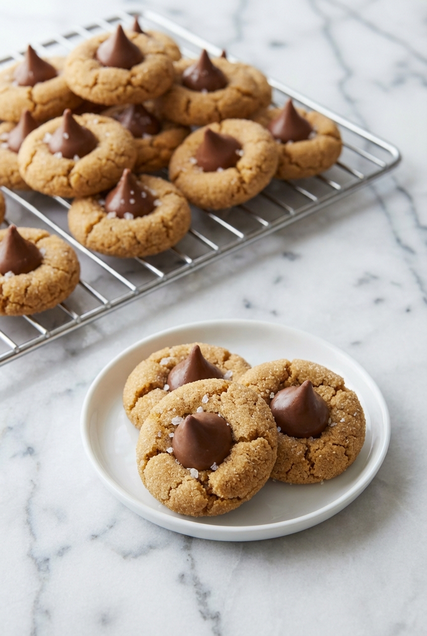 A batch of peanut butter blossom cookies cooling on a wire rack over a contemporary countertop with soft shadows.