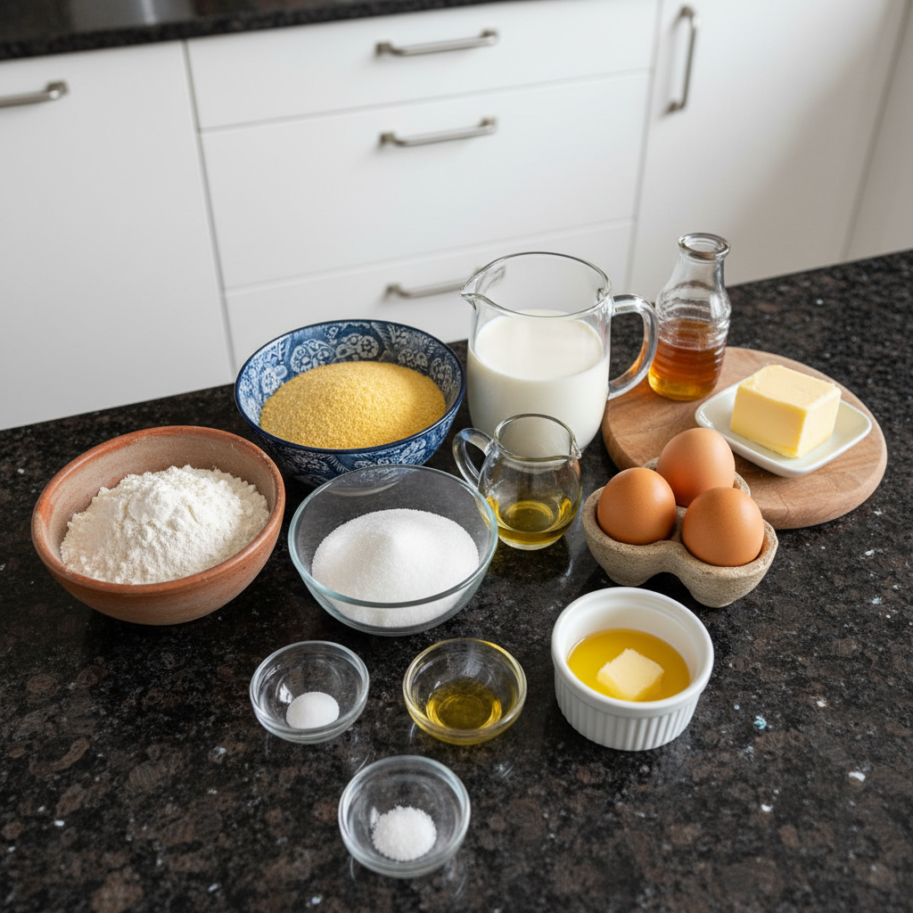 All fresh ingredients for a homemade cornbread recipe, including cornmeal, flour, milk, and eggs, laid out on a rustic wooden table.