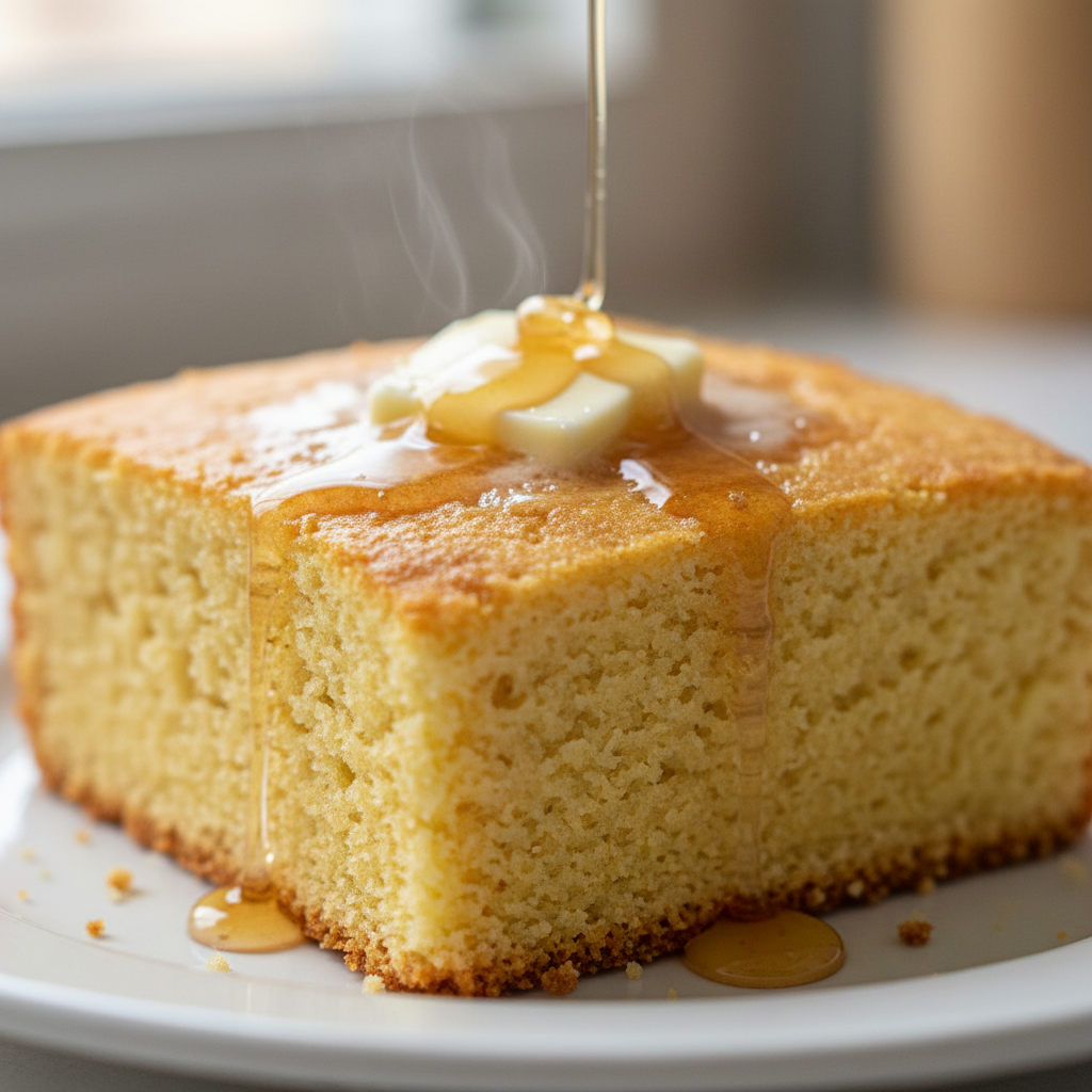 A close-up of a golden-brown wedge of fluffy cornbread recipe, steam gently rising, ready to be enjoyed.